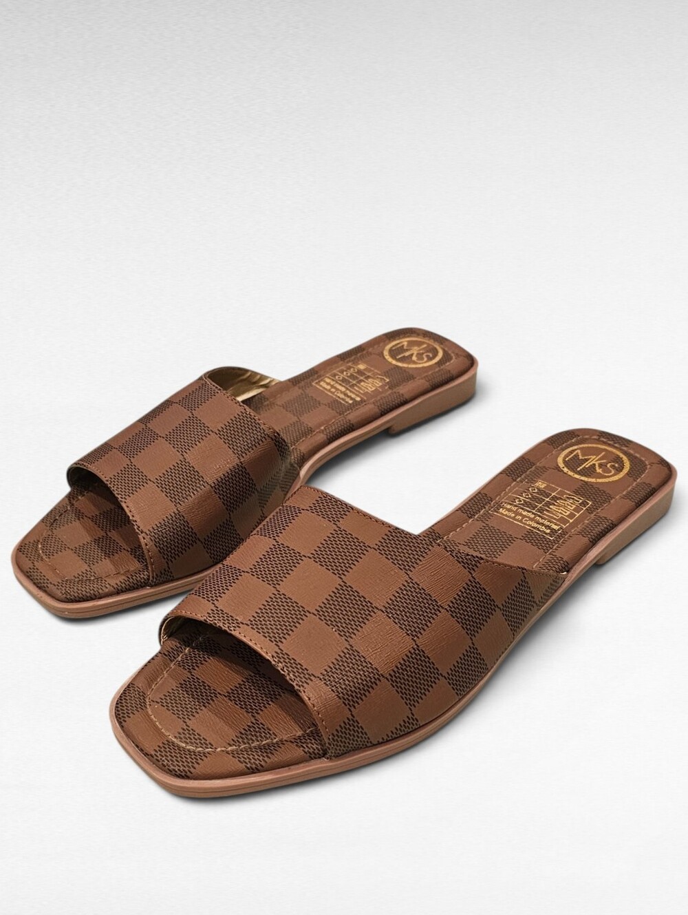 MkS Makers Shoes Macarena Brown Checkered Slides Size 5